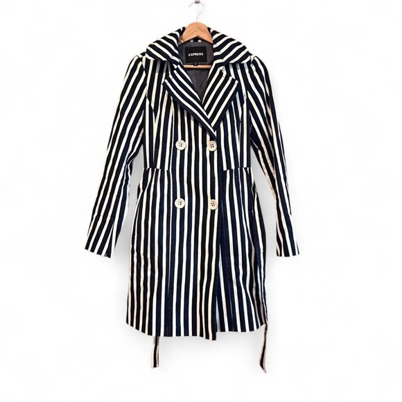 Express Navy Blue and White Striped Trench Coat Belted Size XS - Picture 4 of 6